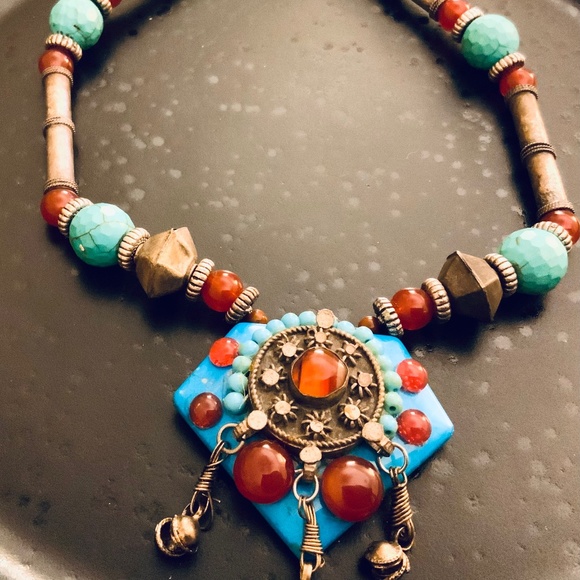 Handmade NECKLACE TURQ HOWLITE/CARNELIAN STONE UNIQUE VINTAGE AFGHAN Silver - Picture 9 of 16